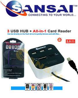 SANSAI Memory Card Reader with 3 USB Hubs